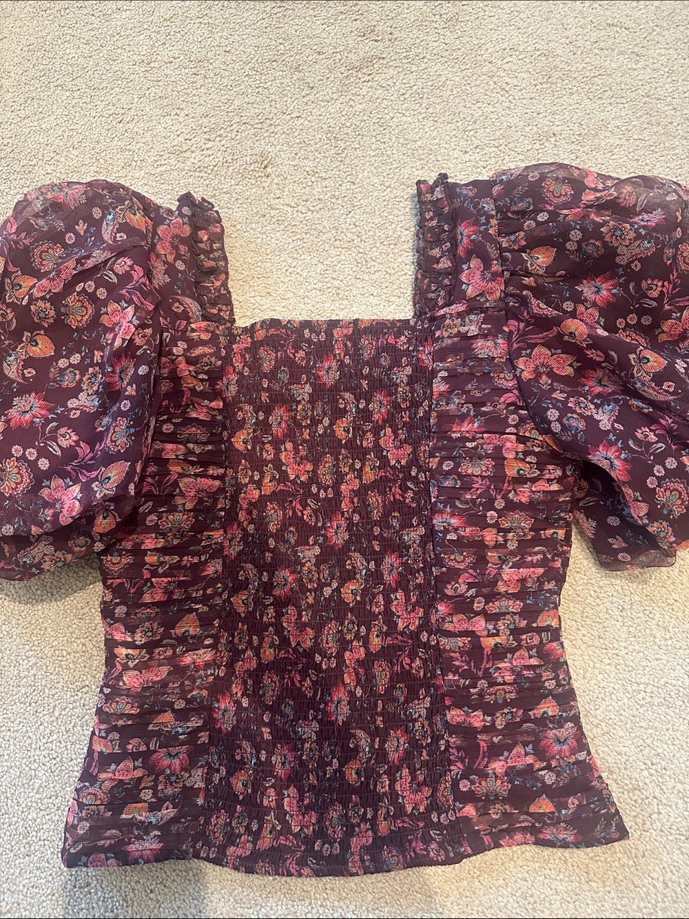 Ivy City Co Burgundy Floral Smocked Puff-Sleeve Blouse - Picture 5 of 5
